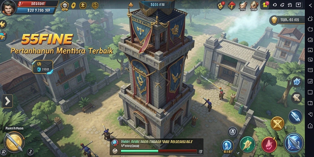 Tangkapan layar utama 55FIVE menampilkan aksi menara pertahanan yang seru.