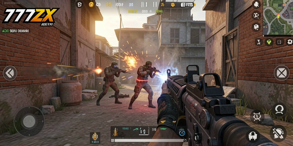 Gameplay mendebarkan dari 777ZX dengan aksi menembak yang intens.