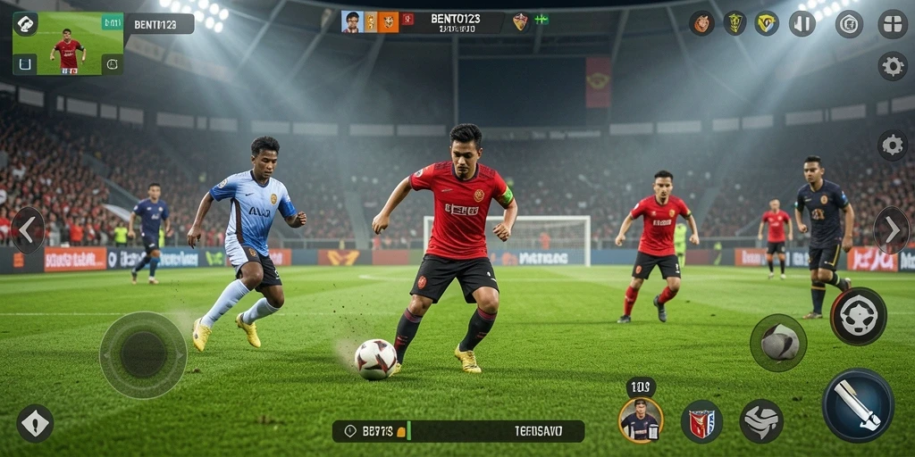 Tampilan utama gameplay BENTO123 dengan aksi sepak bola seru.