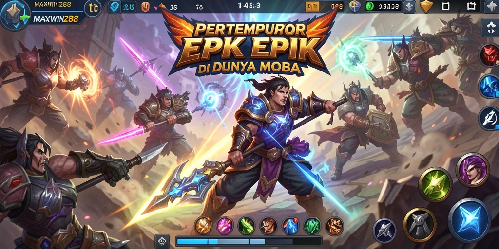 Screenshot gameplay MOBA dengan aksi seru dan karakter beragam.