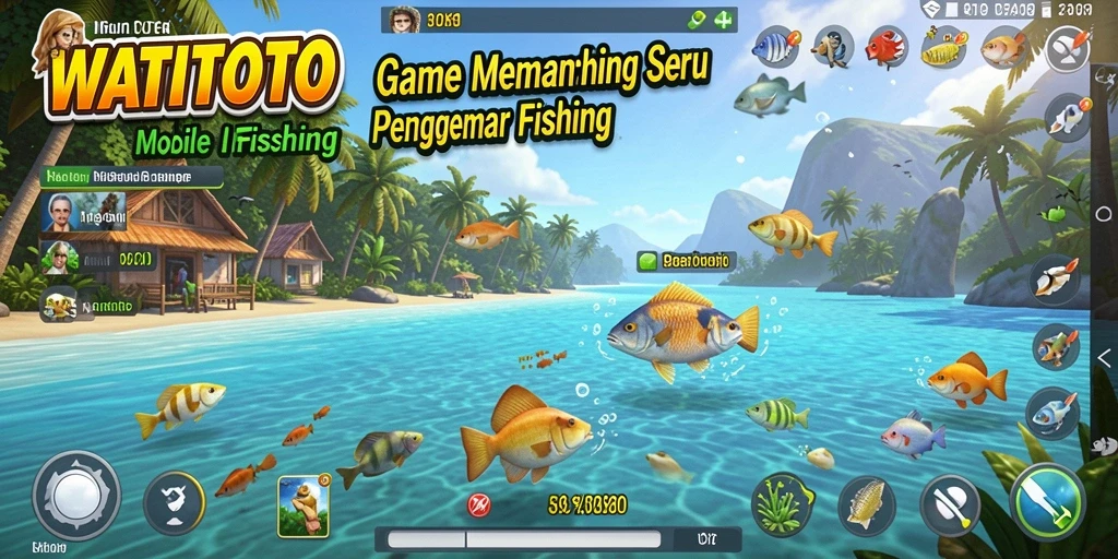 Screenshot gameplay WATITOTO menampilkan suasana memancing yang menenangkan.